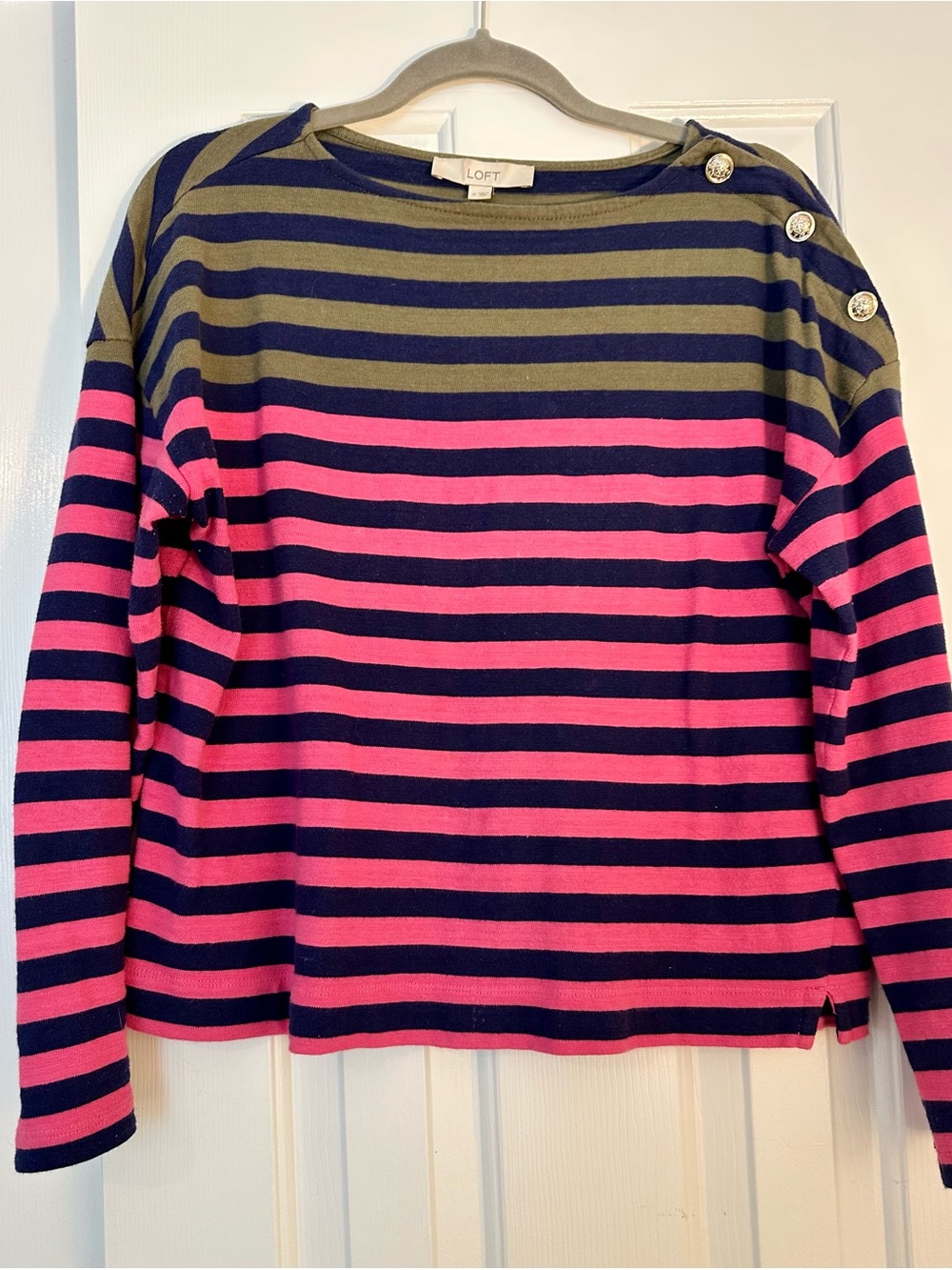 LOFT Navy, Pink & Olive Striped Button-Shoulder Sweater